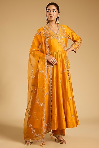 Mango Yellow Spun Silk Marori Work Angrakha Kurta Set by SURBHI SHAH