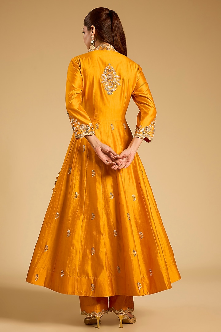 Mango Yellow Spun Silk Marori Work Angrakha Kurta Set by SURBHI SHAH at Pernia's Pop Up Shop