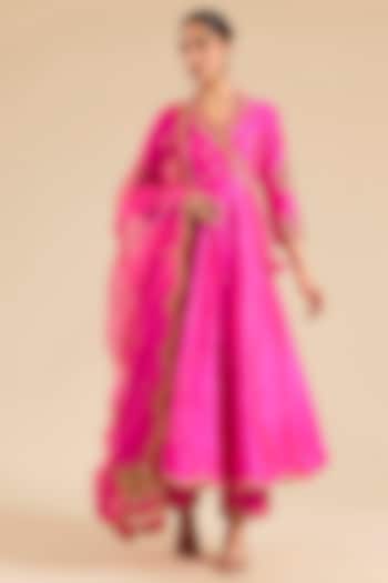 Hot Pink Spun Silk Marori Work Angrakha Kurta Set by SURBHI SHAH at Pernia's Pop Up Shop