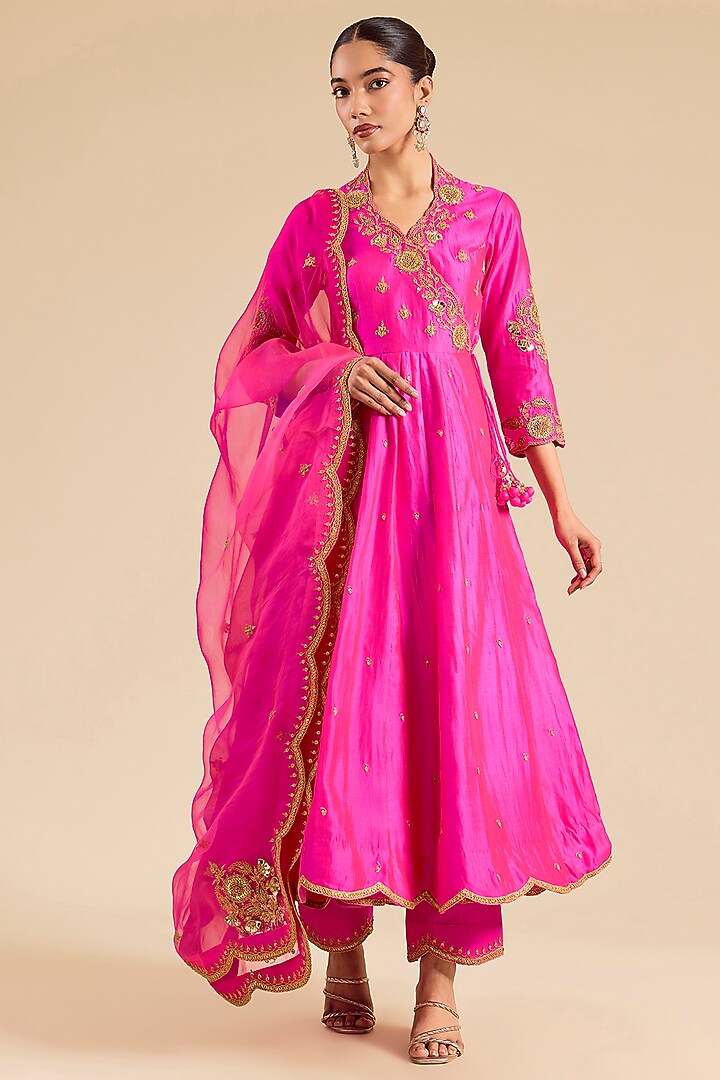 Hot Pink Spun Silk Marori Work Angrakha Kurta Set by SURBHI SHAH at Pernia's Pop Up Shop