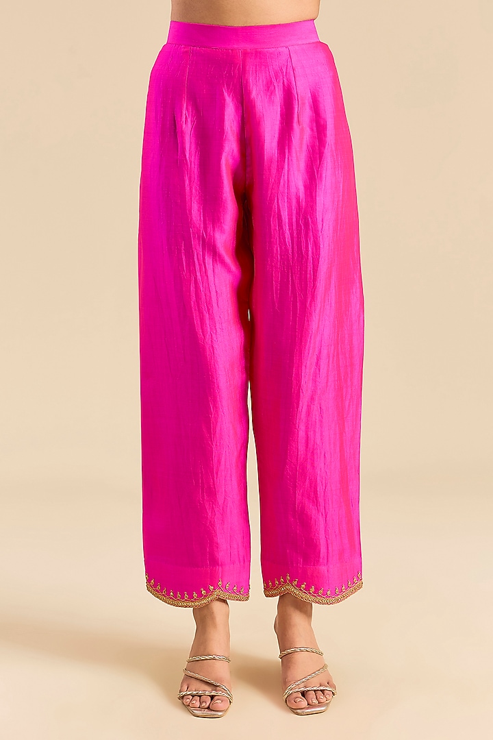 Hot Pink Spun Silk Marori Work Angrakha Kurta Set by SURBHI SHAH at Pernia's Pop Up Shop