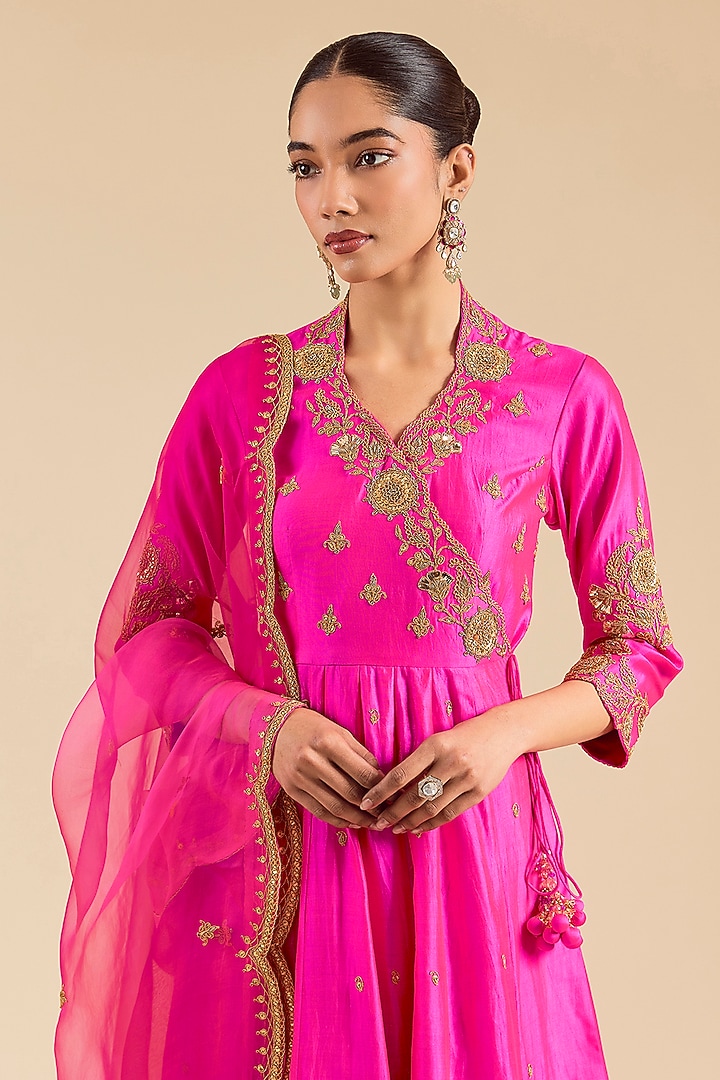 Hot Pink Spun Silk Marori Work Angrakha Kurta Set by SURBHI SHAH at Pernia's Pop Up Shop