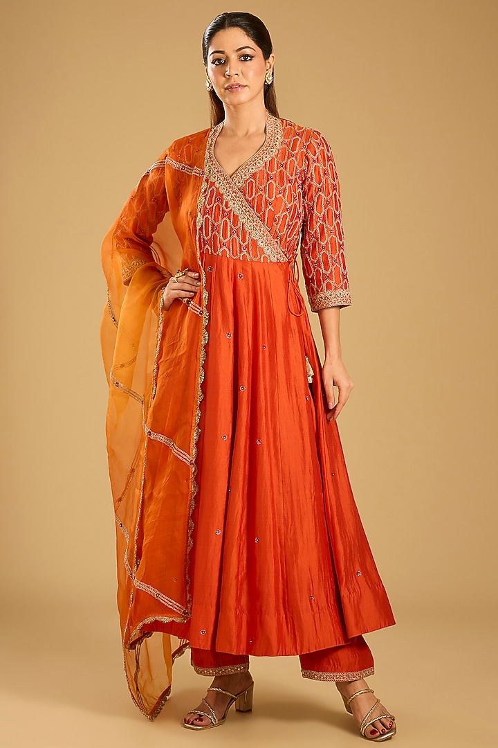 Orange Spun Silk Kurta Set by SURBHI SHAH at Pernia's Pop Up Shop