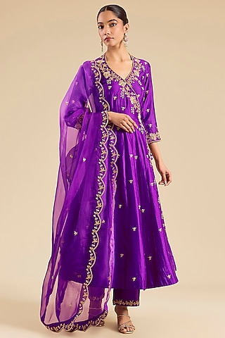 Purple Spun Silk Marori Work Angrakha Kurta Set by SURBHI SHAH