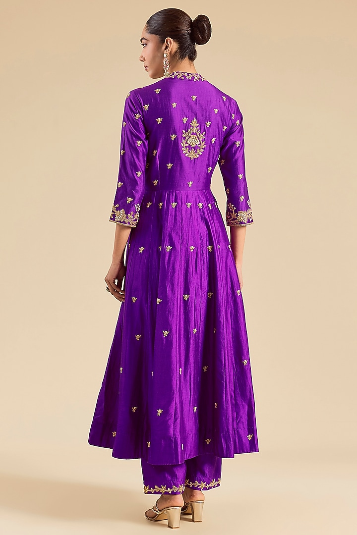 Purple Spun Silk Marori Work Angrakha Kurta Set by SURBHI SHAH at Pernia's Pop Up Shop