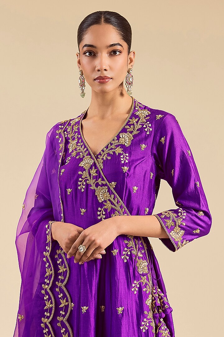 Purple Spun Silk Marori Work Angrakha Kurta Set by SURBHI SHAH at Pernia's Pop Up Shop