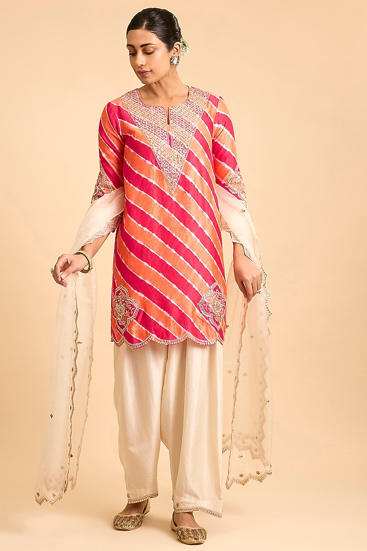 Red & Peach Spun Silk Gota-Patti Embroidered Leheriya Kurta Set by Surbhi Shah at Pernia's Pop Up Shop