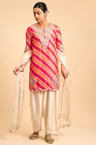 Red & Peach Spun Silk Gota-Patti Embroidered Leheriya Kurta Set by Surbhi Shah