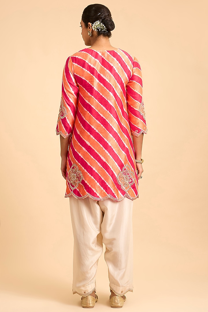Red & Peach Spun Silk Gota-Patti Embroidered Leheriya Kurta Set by Surbhi Shah at Pernia's Pop Up Shop