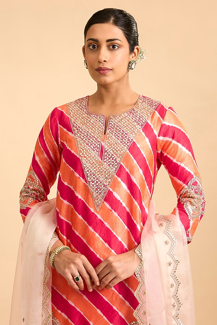 Red & Peach Spun Silk Gota-Patti Embroidered Leheriya Kurta Set by Surbhi Shah at Pernia's Pop Up Shop