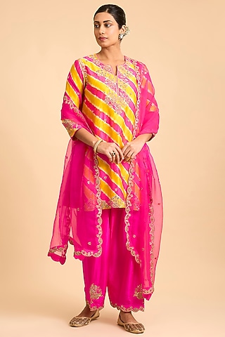Yellow & Pink Spun SIlk Leheriya Kurta Set by Surbhi Shah
