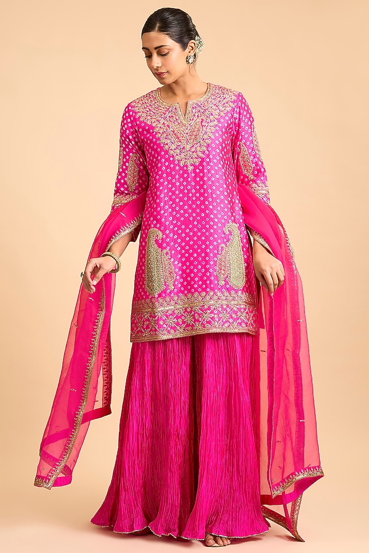 Rani Pink Kora Silk Crushed Wedding Sharara Ser by Surbhi Shah at Pernia's Pop Up Shop
