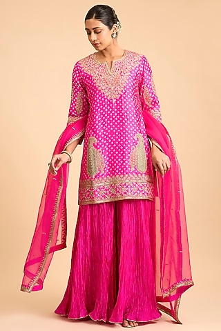 Rani Pink Kora Silk Crushed Sharara Ser by Surbhi Shah
