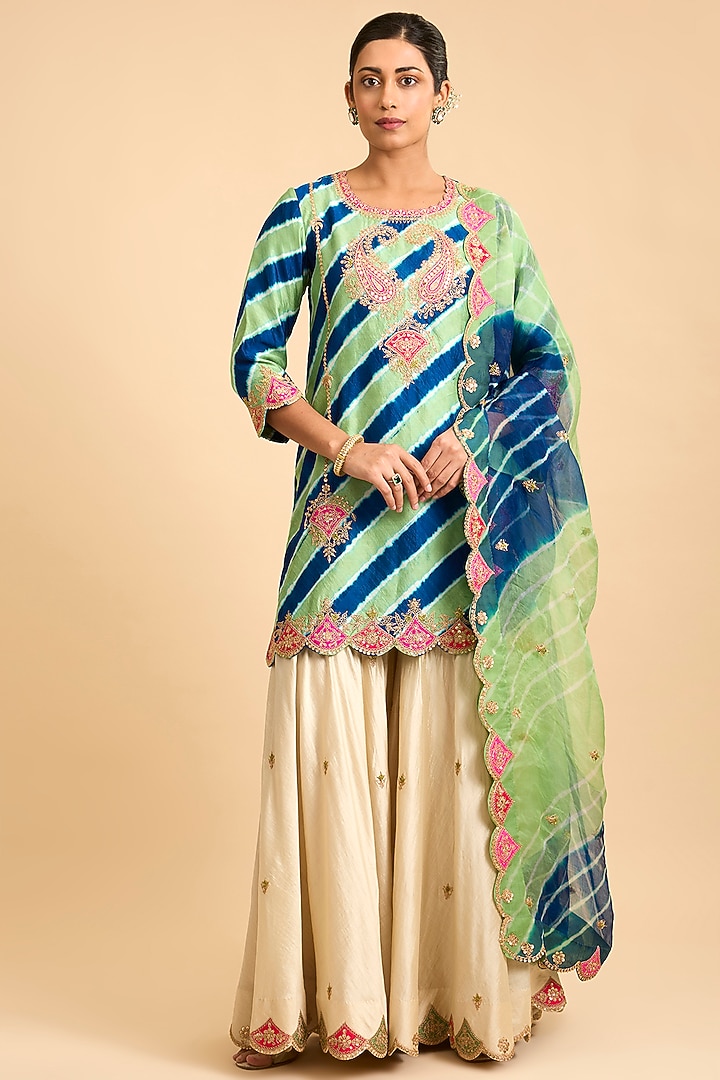 Pearl White & Navy Blue Spun Silk Leheriya Wedding Sharara Set by Surbhi Shah at Pernia's Pop Up Shop