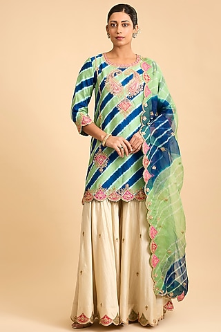 Pearl White & Navy Blue Spun Silk Leheriya Sharara Set by Surbhi Shah