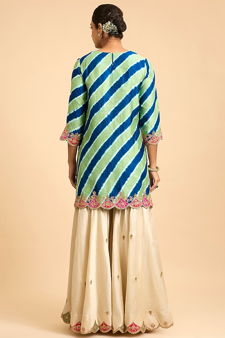 Pearl White & Navy Blue Spun Silk Leheriya Wedding Sharara Set by Surbhi Shah at Pernia's Pop Up Shop