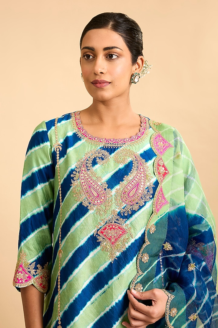 Pearl White & Navy Blue Spun Silk Leheriya Wedding Sharara Set by Surbhi Shah at Pernia's Pop Up Shop