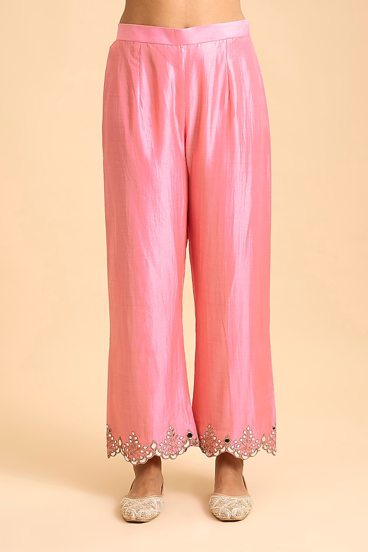 Raspberry Pink Spun Silk Mirror Embroidered Leheriya Kurta Set by Surbhi Shah at Pernia's Pop Up Shop