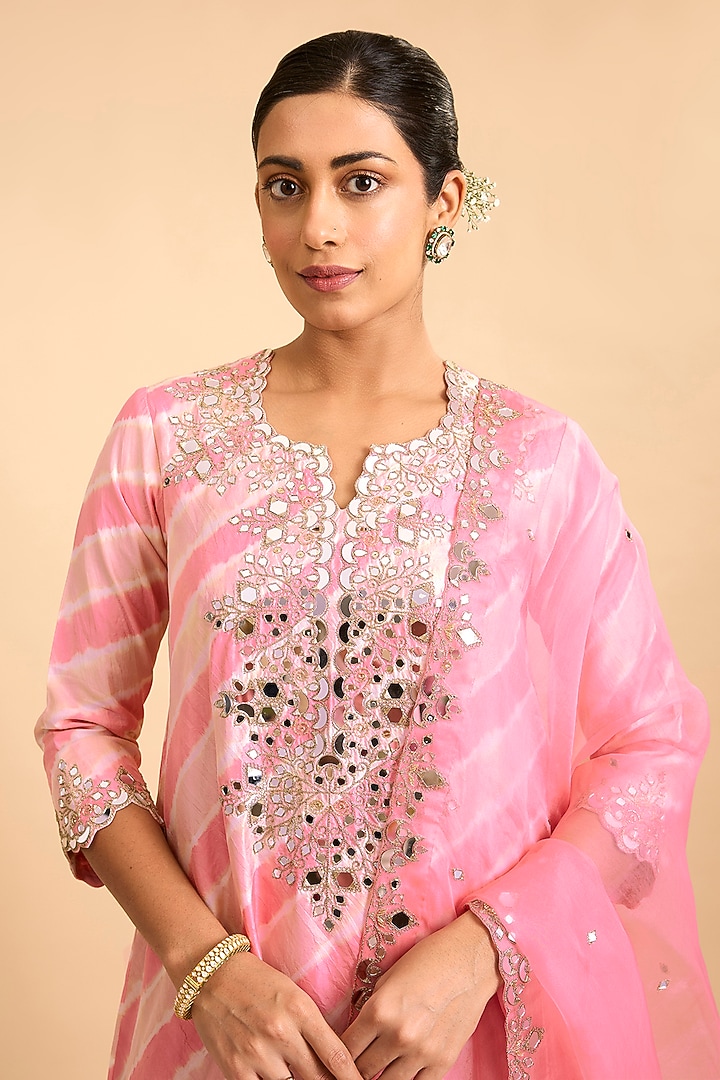 Raspberry Pink Spun Silk Mirror Embroidered Leheriya Kurta Set by Surbhi Shah at Pernia's Pop Up Shop