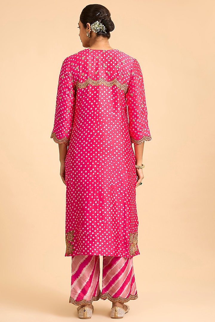 Strawberry Red Spun Silk Mukesh Embroidered Bandhej Kurta Set by Surbhi Shah at Pernia's Pop Up Shop