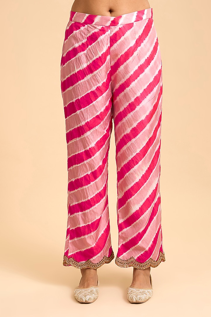 Strawberry Red Spun Silk Mukesh Embroidered Bandhej Kurta Set by Surbhi Shah at Pernia's Pop Up Shop