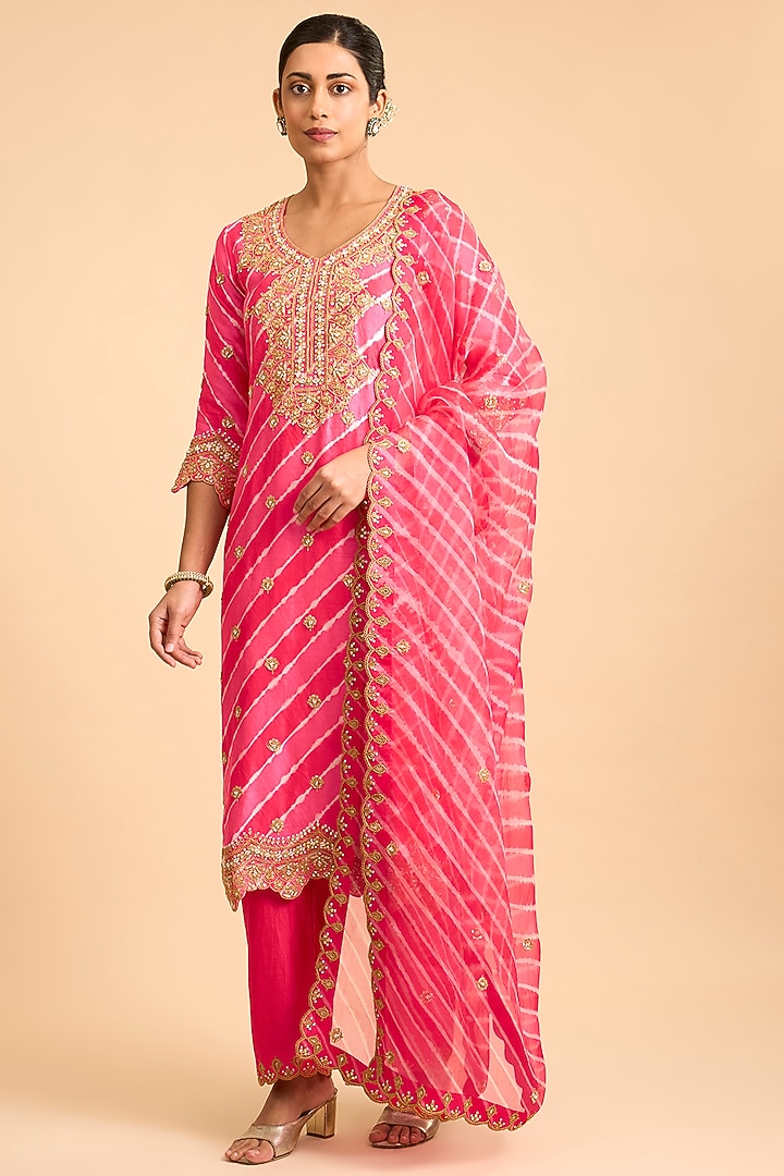 Red & Pink Spun Silk Marori Embroidered Leheriya Kurta Set by Surbhi Shah at Pernia's Pop Up Shop