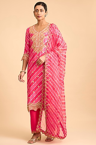 Red & Pink Spun Silk Marori Embroidered Leheriya Kurta Set by surbhi shah
