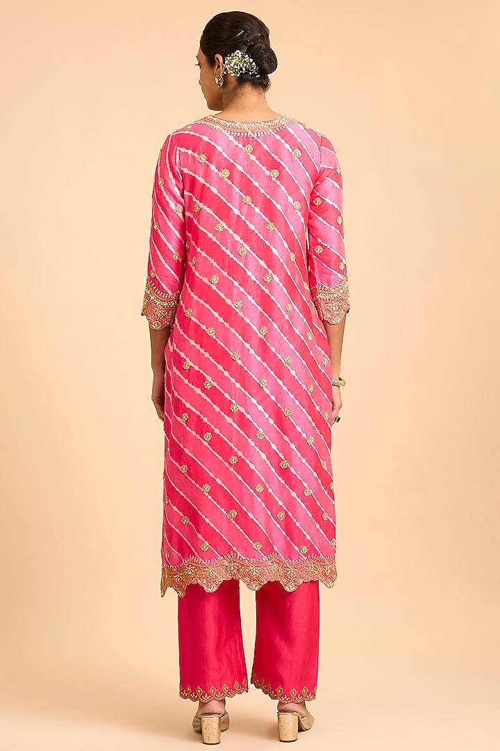 Red & Pink Spun Silk Marori Embroidered Leheriya Kurta Set by Surbhi Shah at Pernia's Pop Up Shop