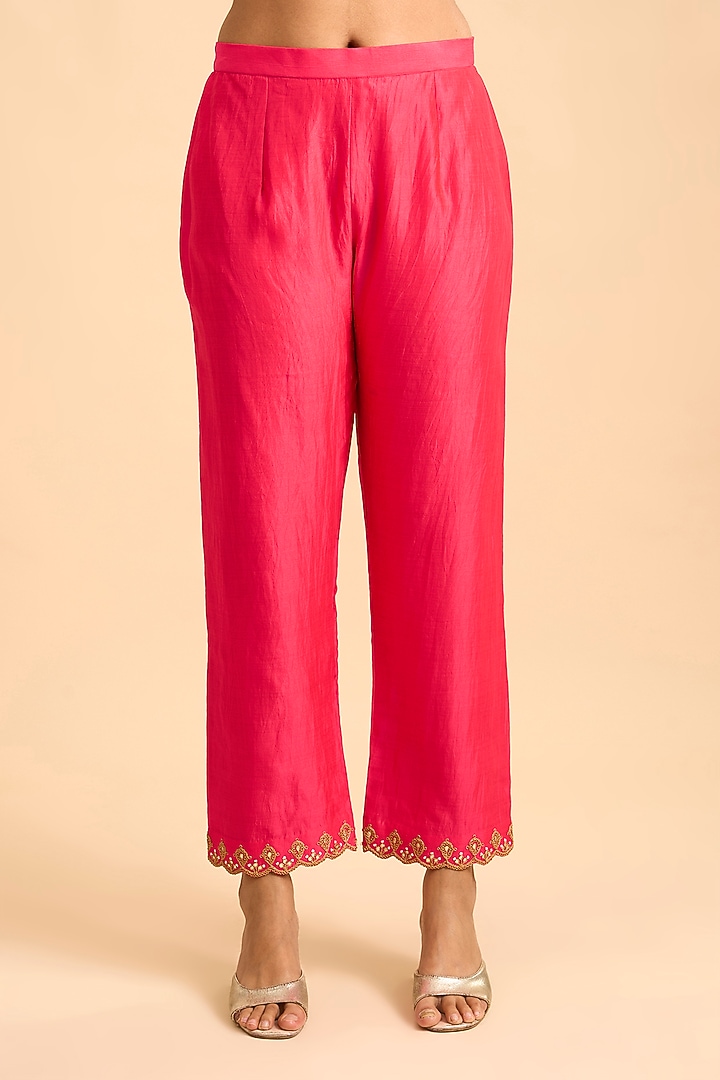 Red & Pink Spun Silk Marori Embroidered Leheriya Kurta Set by Surbhi Shah at Pernia's Pop Up Shop