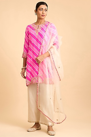 Strawberry Pink Spun Silk Marori Embroidered Leheriya Kurta Set by Surbhi Shah