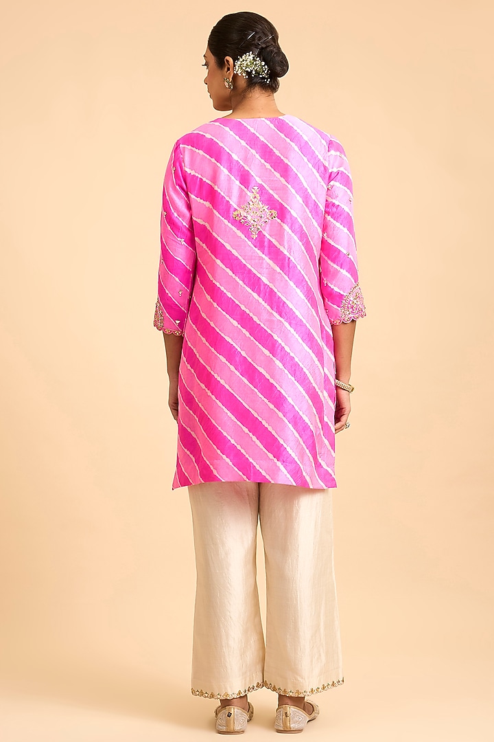 Strawberry Pink Spun Silk Marori Embroidered Leheriya Kurta Set by Surbhi Shah at Pernia's Pop Up Shop