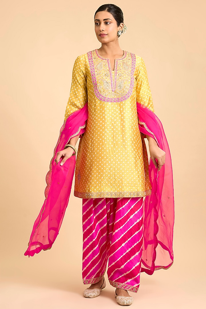 Pastel Mango Spun Silk Gota Embroidered Kurta Set by Surbhi Shah at Pernia's Pop Up Shop