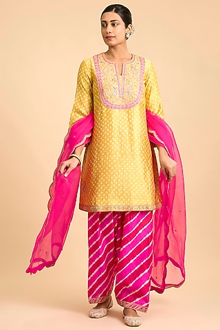 Pastel Mango Spun Silk Gota Embroidered Kurta Set by Surbhi Shah