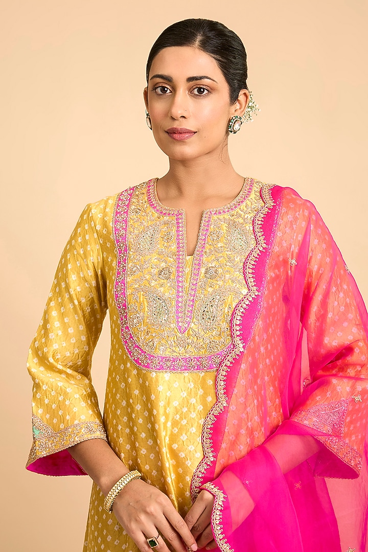 Pastel Mango Spun Silk Gota Embroidered Kurta Set by Surbhi Shah at Pernia's Pop Up Shop