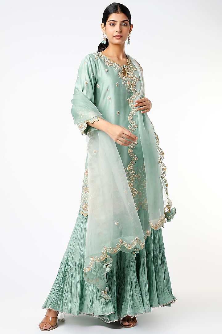 Powder Blue Pure Chanderi Wedding Sharara Set by SURBHI SHAH at Pernia's Pop Up Shop