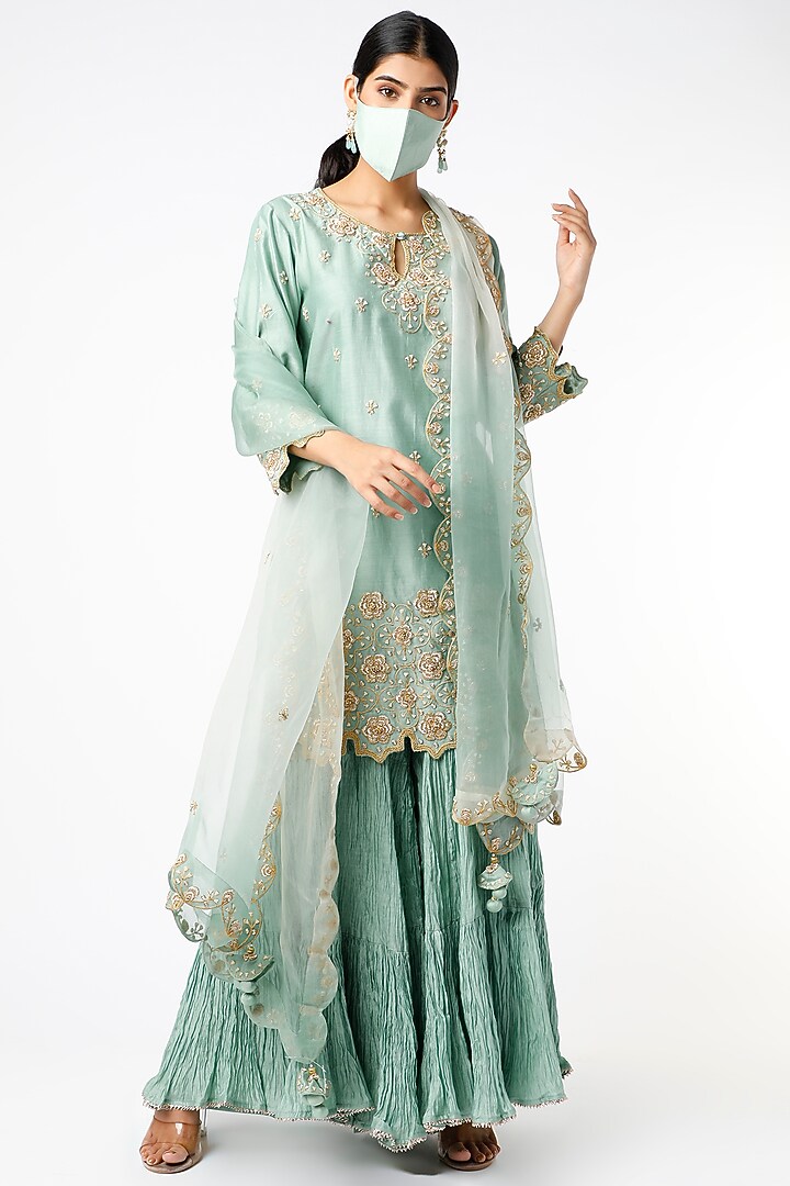 Powder Blue Pure Chanderi Wedding Sharara Set by SURBHI SHAH at Pernia's Pop Up Shop