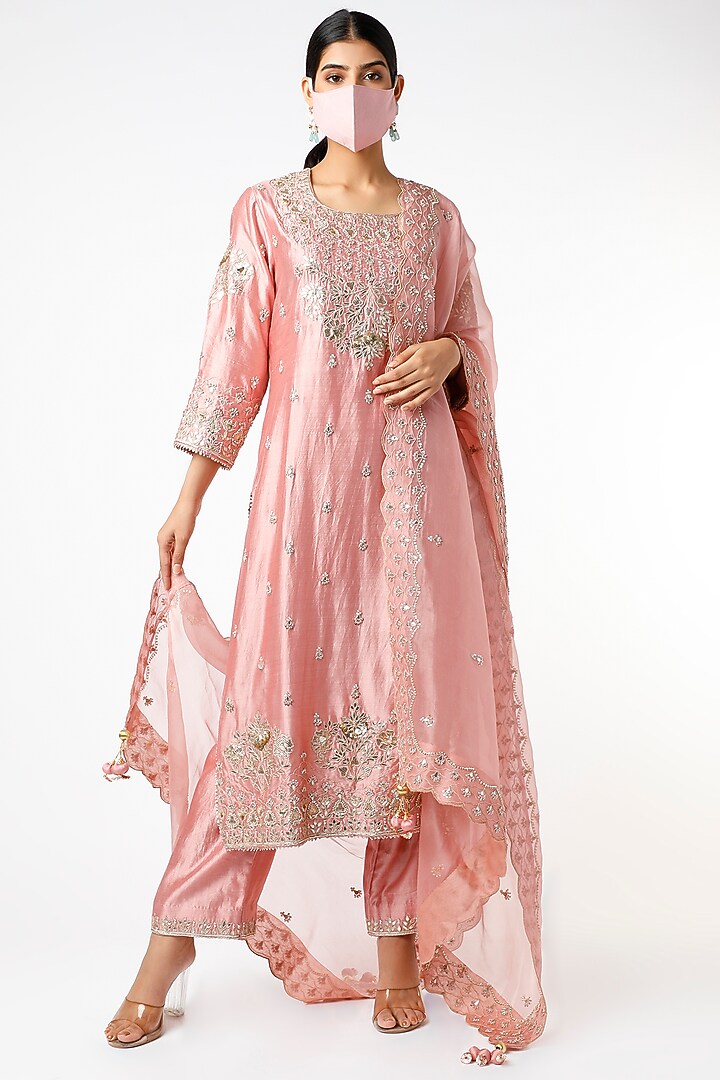 Rose Gold Hand Embroidered Kurta Set by SURBHI SHAH at Pernia's Pop Up Shop