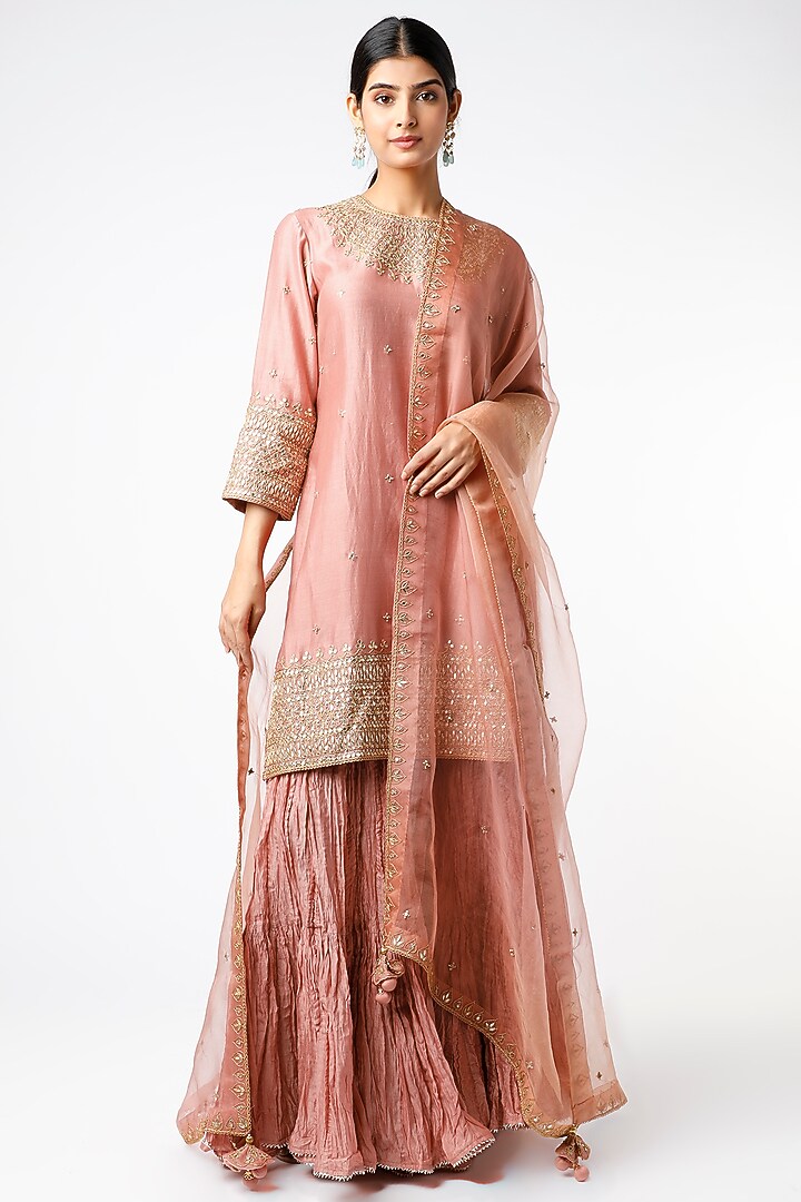 Rose Gold Pure Chanderi Wedding Sharara Set by SURBHI SHAH at Pernia's Pop Up Shop