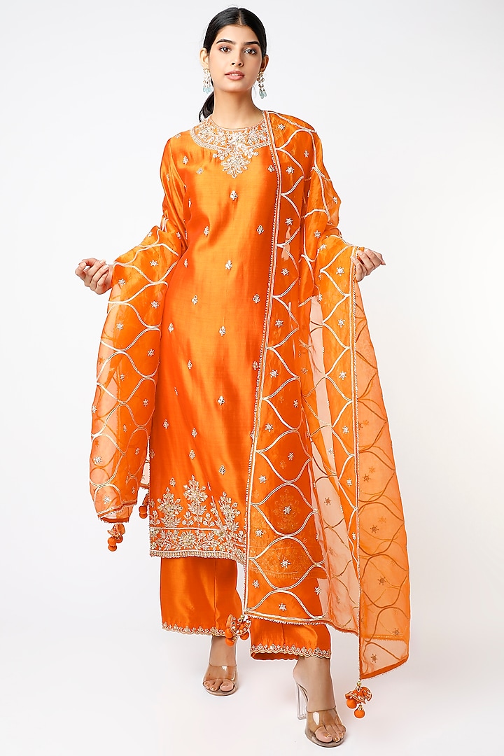 Orange Pure Spun Silk Sharara Set by SURBHI SHAH