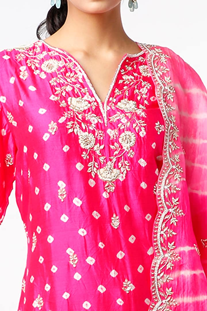 Magenta Hand Embroidered Bandhej Kurta Set by SURBHI SHAH at Pernia's Pop Up Shop