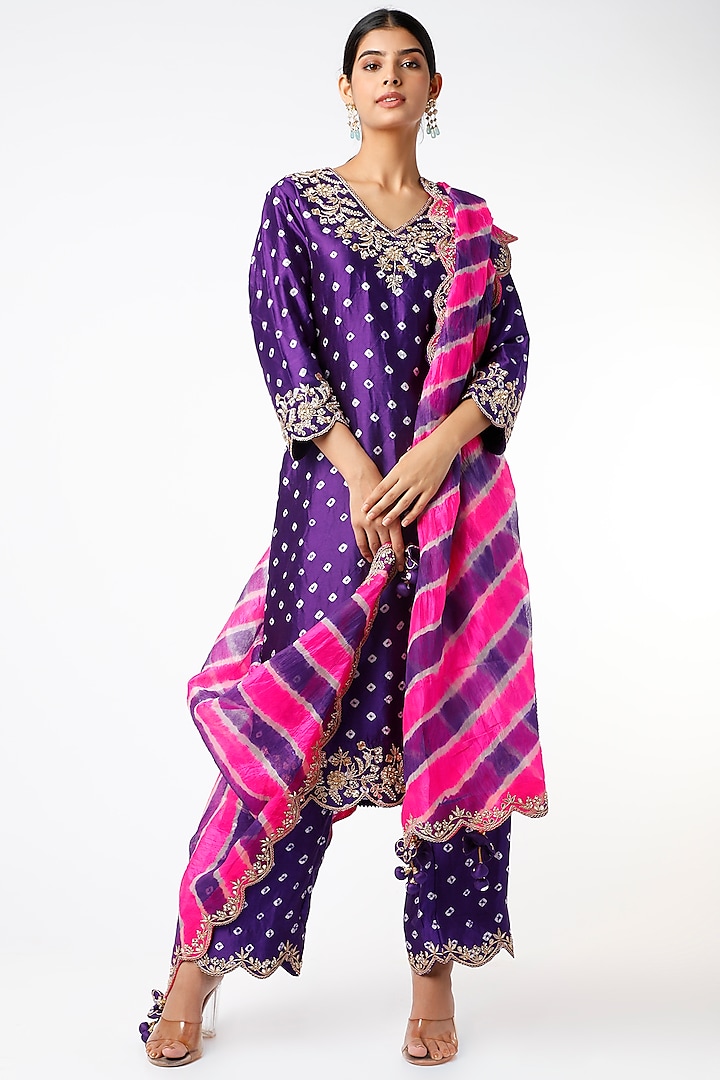 Purple Hand Embroidered Bandhej Kurta Set by SURBHI SHAH at Pernia's Pop Up Shop