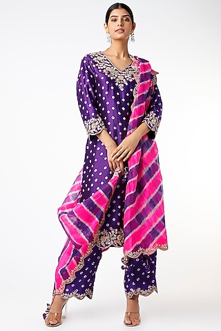 Purple Hand Embroidered Bandhej Kurta Set by SURBHI SHAH