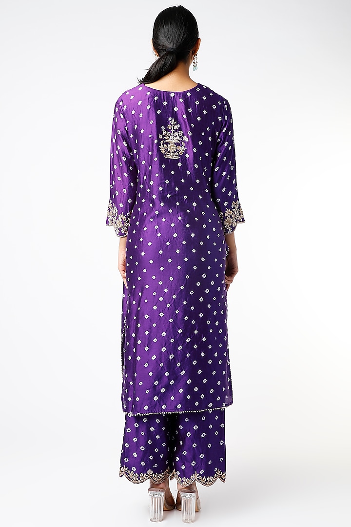 Purple Hand Embroidered Bandhej Kurta Set by SURBHI SHAH at Pernia's Pop Up Shop