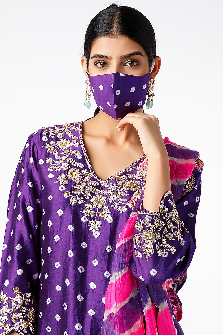 Purple Hand Embroidered Bandhej Kurta Set by SURBHI SHAH at Pernia's Pop Up Shop