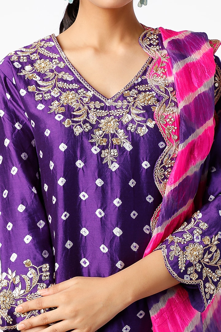 Purple Hand Embroidered Bandhej Kurta Set by SURBHI SHAH at Pernia's Pop Up Shop