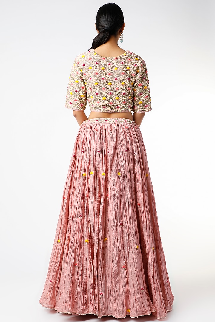 Rose Gold Crushed Chanderi Wedding Lehenga Set by SURBHI SHAH at Pernia's Pop Up Shop