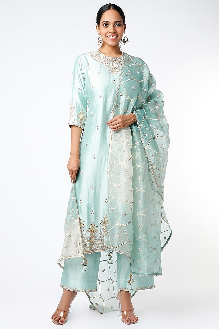 Powder Blue Hand Embroidered Kurta Set by SURBHI SHAH at Pernia's Pop Up Shop