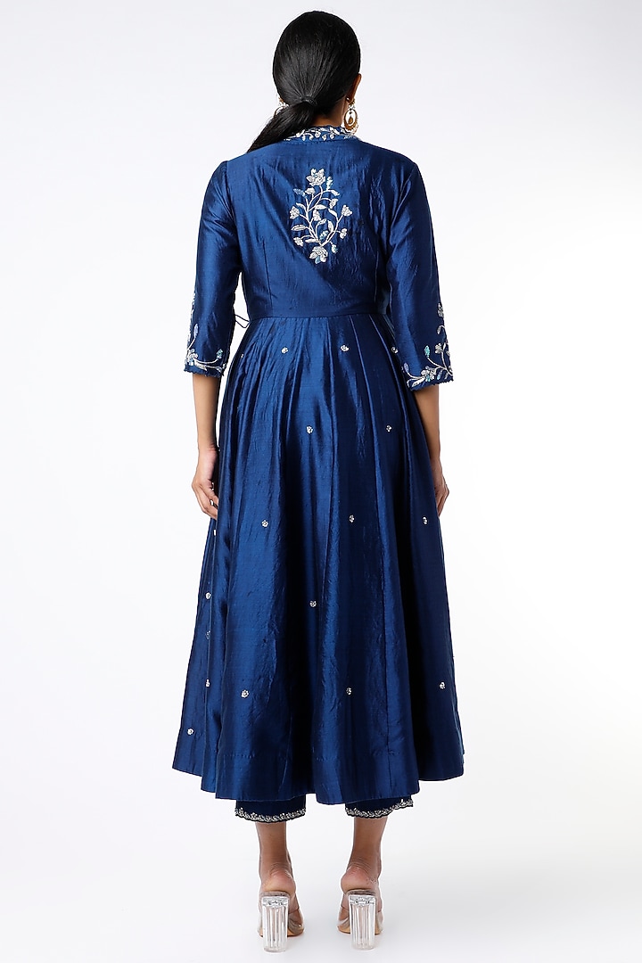 Dark Blue Embroidered Angrakha Kurta Set by SURBHI SHAH at Pernia's Pop Up Shop