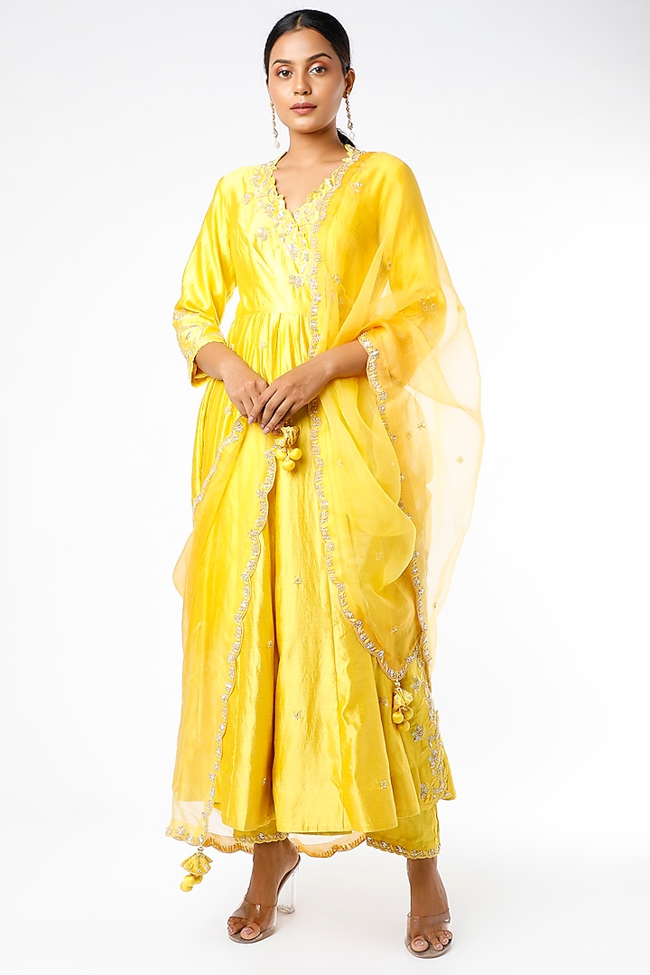 Yellow Hand Embroidered Angrakha Kurta Set by SURBHI SHAH