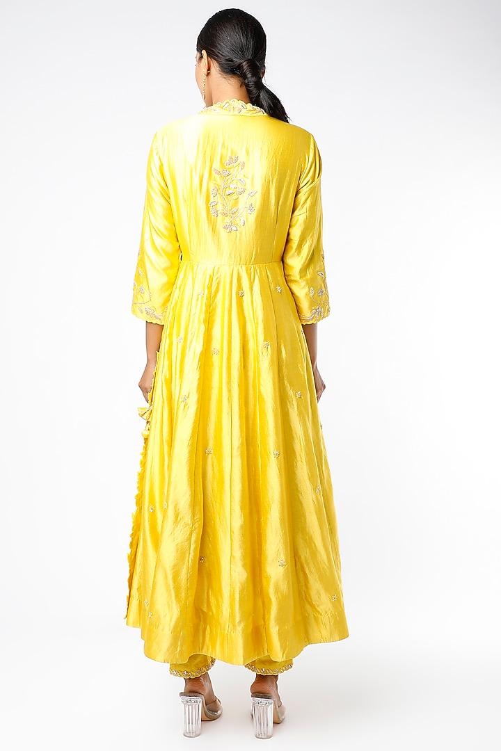 Yellow Hand Embroidered Angrakha Kurta Set by SURBHI SHAH at Pernia's Pop Up Shop